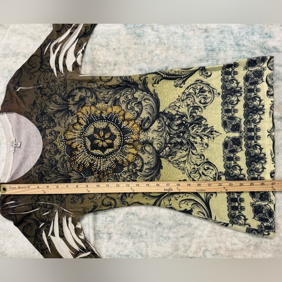 Vintage Cache Knit Baroque Print Top M Gold Black Long Sleeve Stretch - Picture 7 of 11